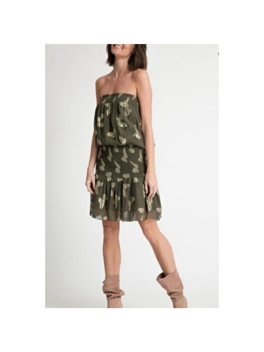 Muche et Muchette Green and Gold Papillon Butterfly Smocked Strapless Dress S